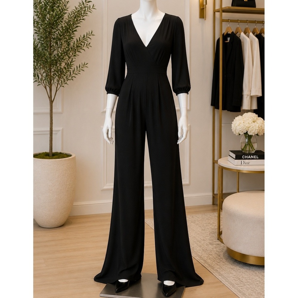 Luv Posh Women Jumpsuit Black V-Neck Wide Leg Puff Sleeve Small